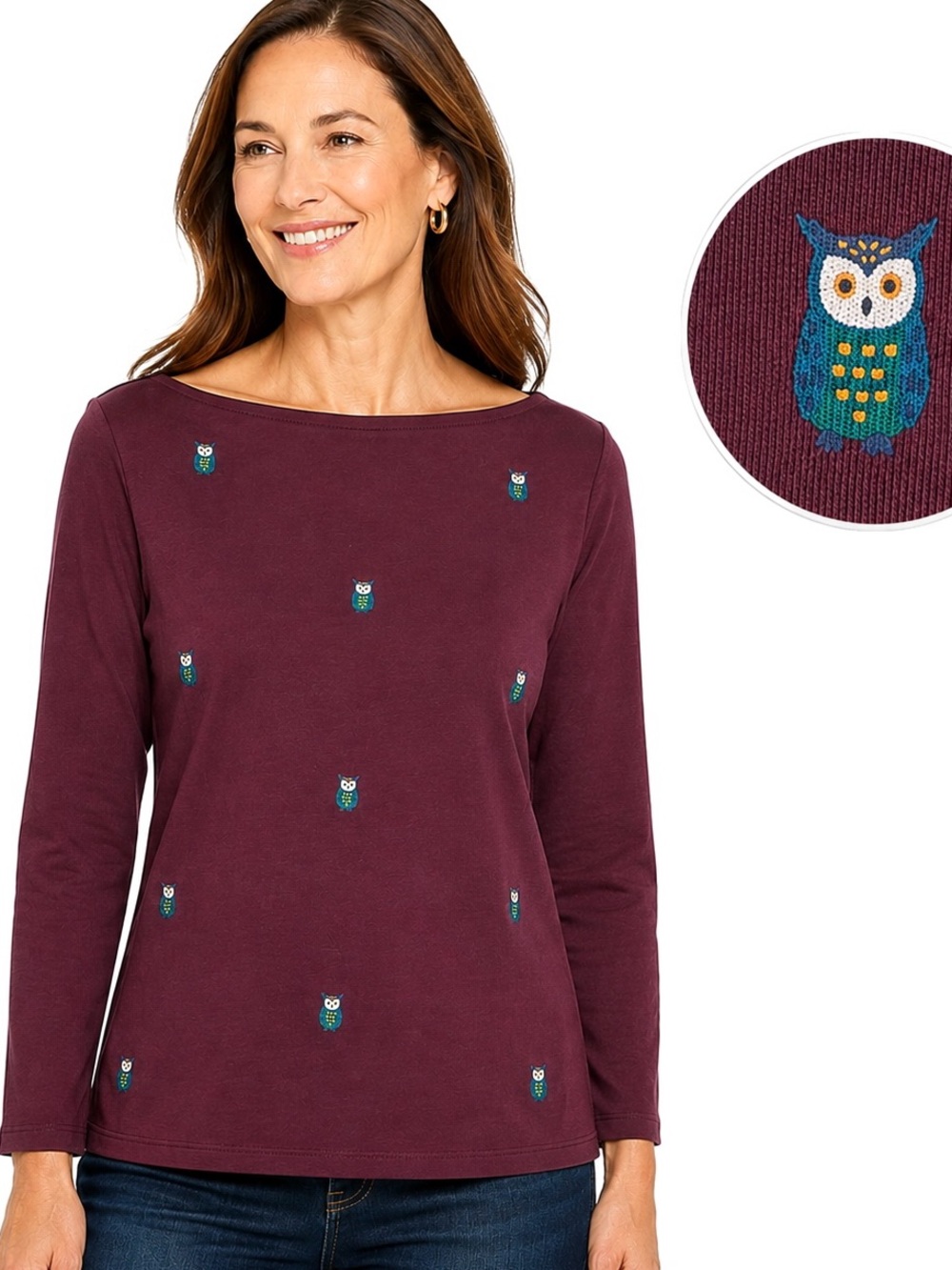 NEW Talbots Bateau Neck Owl Tee Shirt Burgundy 100% Cotton Knit Whimsy NWT Sz MP